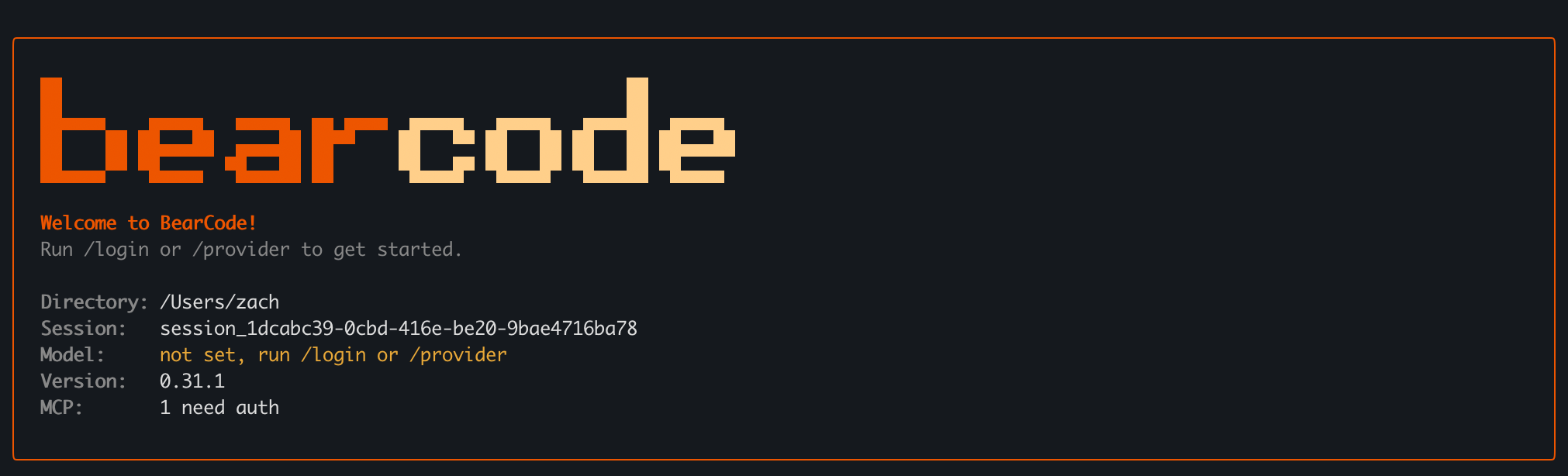 BearCode CLI welcome screen in a terminal